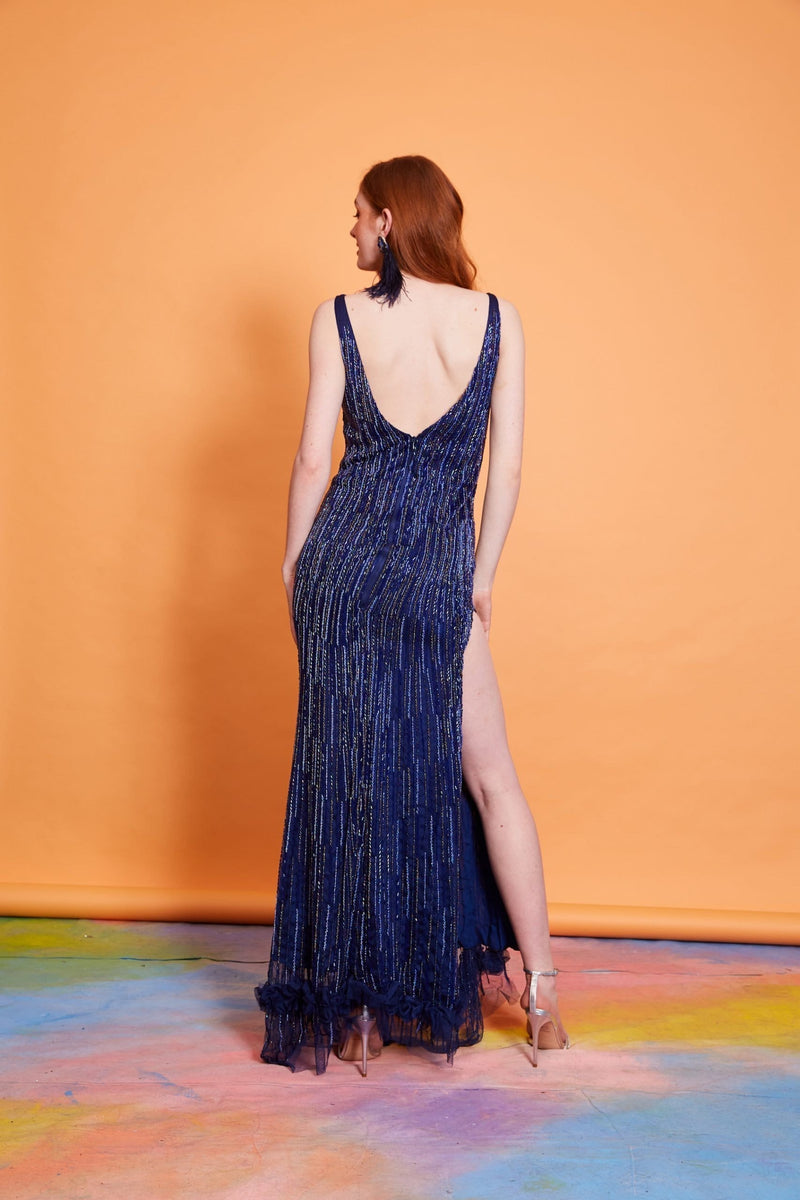 Lavanya Coodly Women - Apparel - Dresses - Cocktail Lavanya Coodly Women's Cecile Midnight Blue Hand-Beaded Floor Length Bodycon Dress