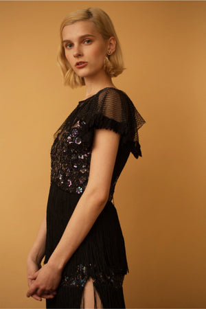 Lavanya Coodly Women - Apparel - Dresses - Cocktail Lavanya Coodly Women's Clara Hand-Beaded Boat Neck Black Evening Gown with Butterfly Sleeves