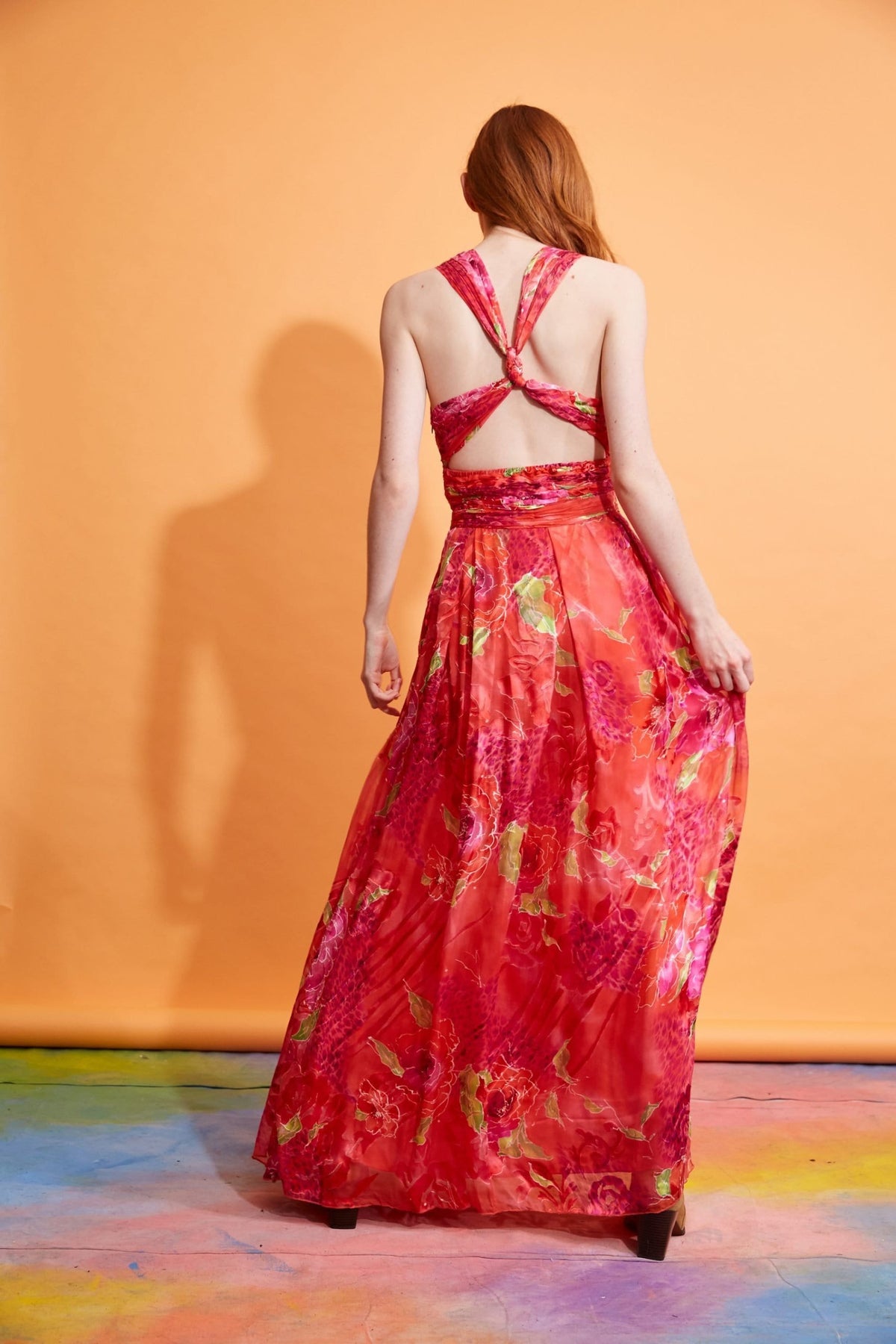 Lavanya Coodly Women - Apparel - Dresses - Cocktail Lavanya Coodly Women's Corrine Silk Chiffon Multicolor Halter Maxi Dress with Ruched Bodice