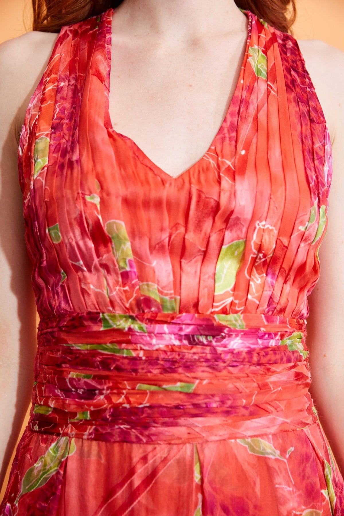Lavanya Coodly Women - Apparel - Dresses - Cocktail Lavanya Coodly Women's Corrine Silk Chiffon Multicolor Halter Maxi Dress with Ruched Bodice