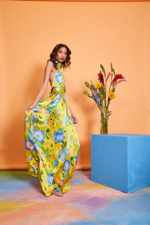 Lavanya Coodly Women - Apparel - Dresses - Cocktail Lavanya Coodly Women's Silk Maxi Floral Carmi Dress in Daffodil with Crisscross Bodice & High Neckline