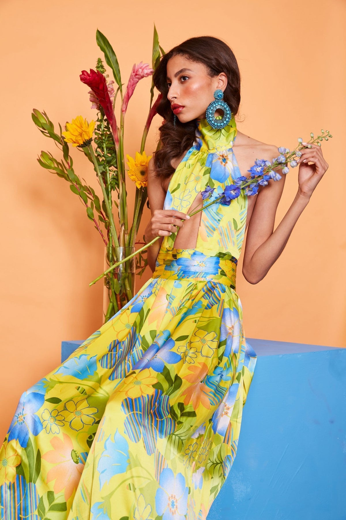 Lavanya Coodly Women - Apparel - Dresses - Cocktail Lavanya Coodly Women's Silk Maxi Floral Carmi Dress in Daffodil with Crisscross Bodice & High Neckline