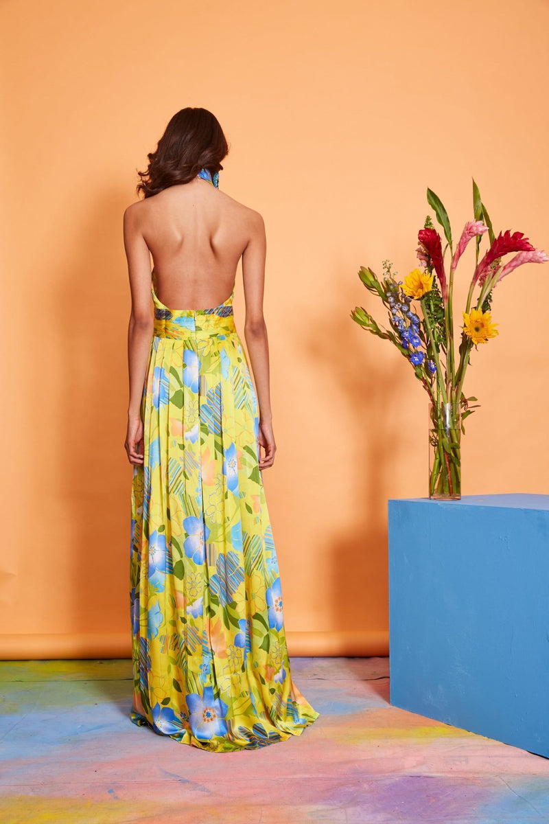 Lavanya Coodly Women - Apparel - Dresses - Cocktail Lavanya Coodly Women's Silk Maxi Floral Carmi Dress in Daffodil with Crisscross Bodice & High Neckline