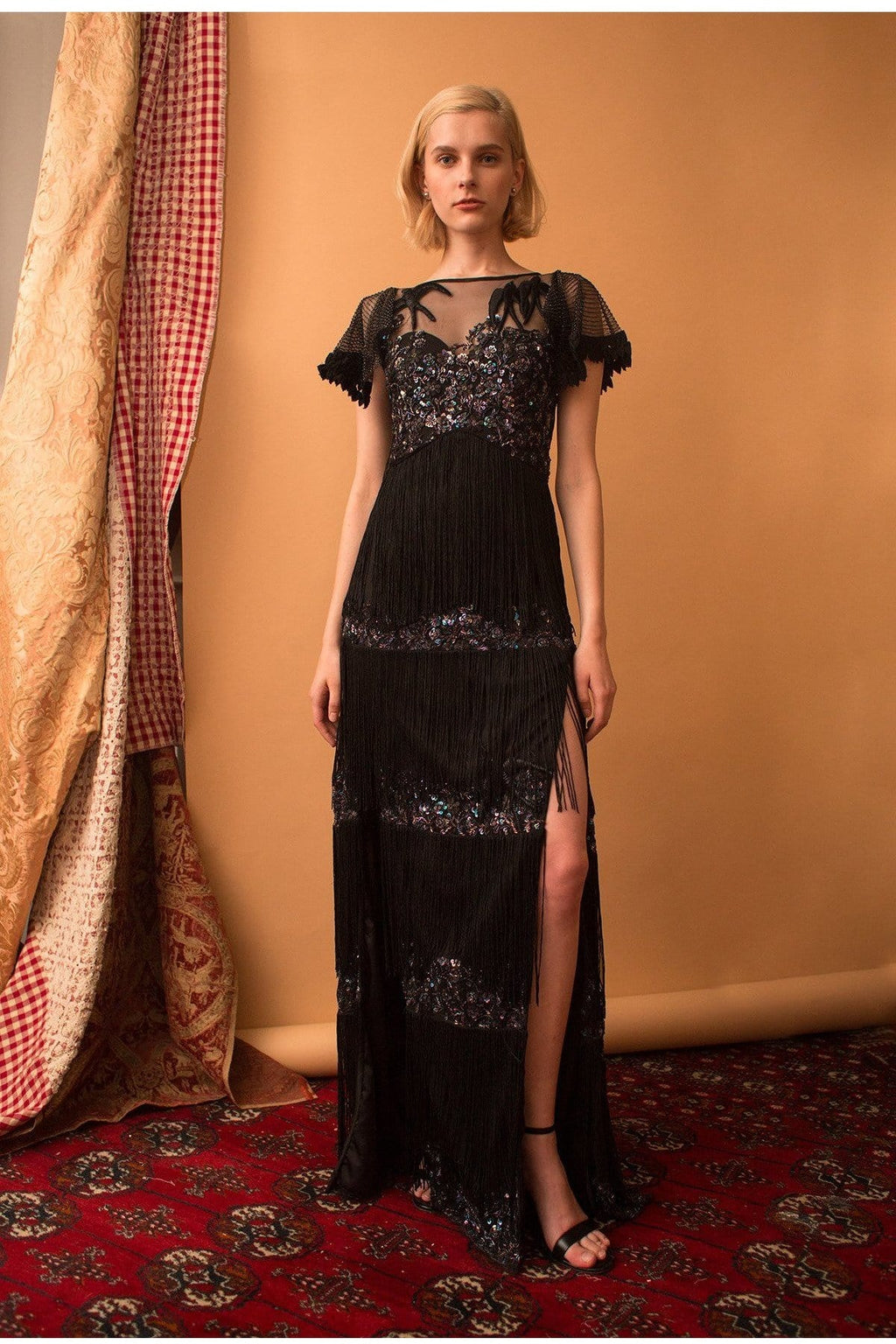 Lavanya Coodly Women - Apparel - Dresses - Cocktail XS / Black Lavanya Coodly Women's Clara Hand-Beaded Boat Neck Black Evening Gown with Butterfly Sleeves