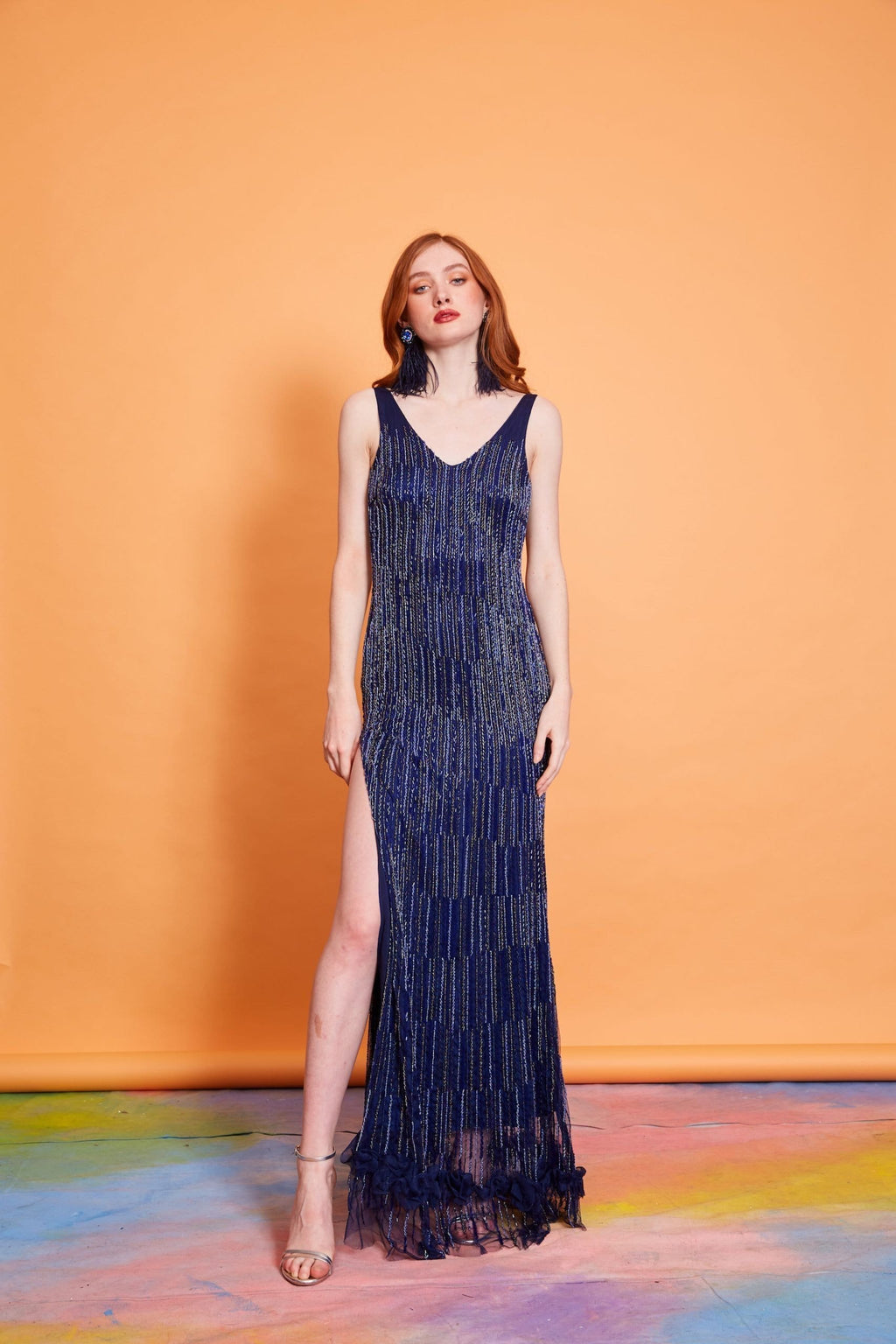 Lavanya Coodly Women - Apparel - Dresses - Cocktail XS / Blue Lavanya Coodly Women's Cecile Midnight Blue Hand-Beaded Floor Length Bodycon Dress