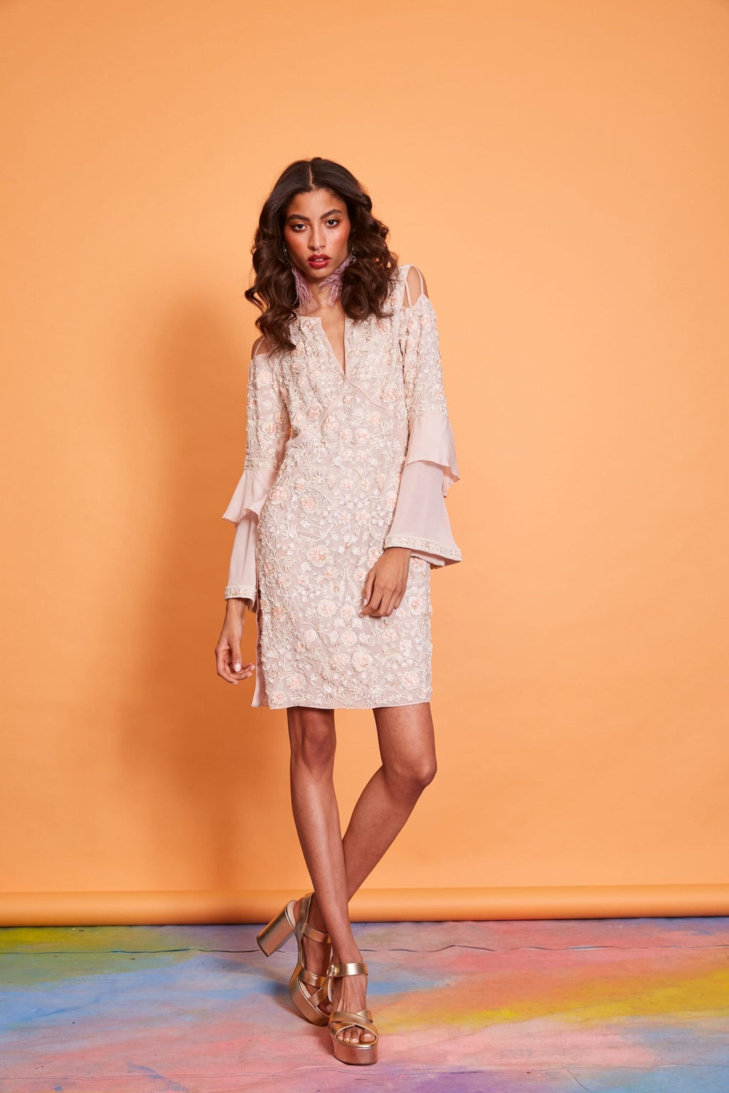 Lavanya Coodly Women - Apparel - Dresses - Cocktail XS / Blush Lavanya Coodly Women's Pale Blush Silk Above The Knee Morgan Dress with Exquisite Hand Beaded Detail & Tiered Sleeves
