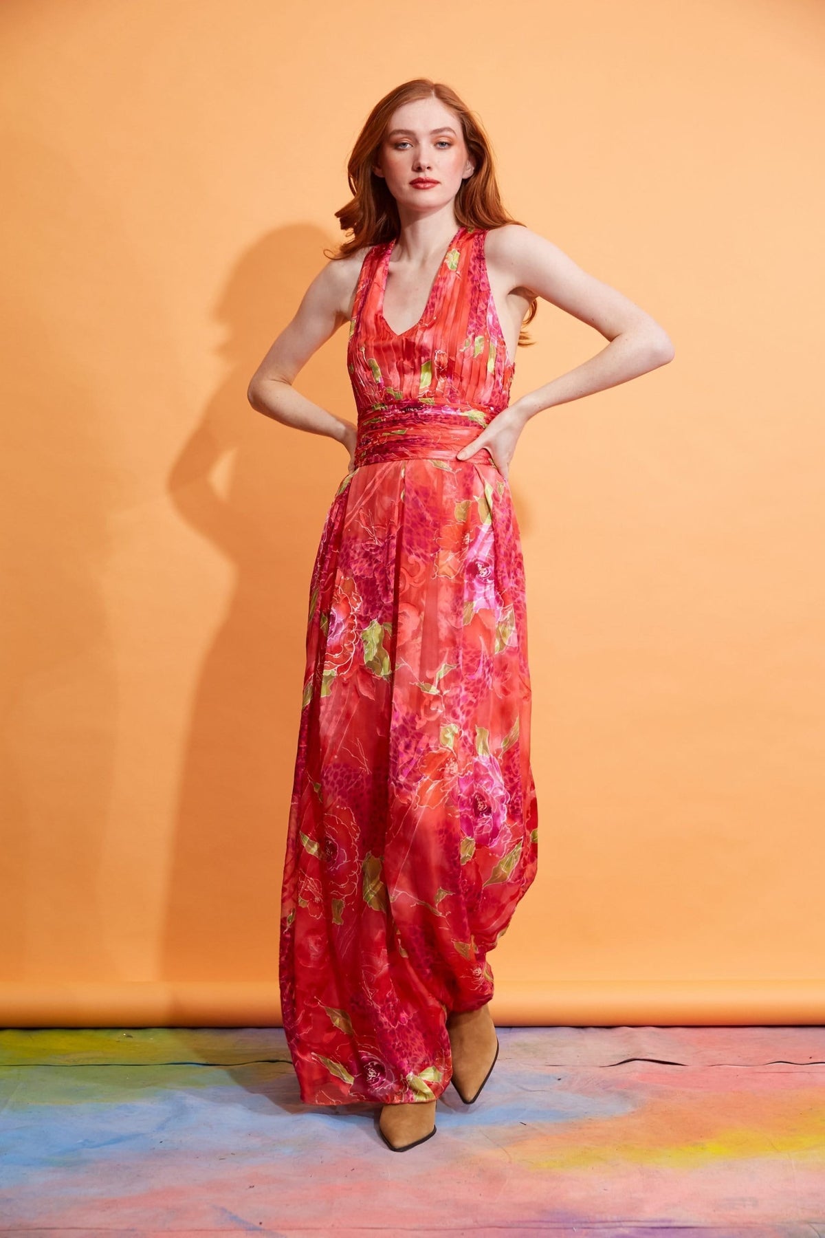 Lavanya Coodly Women - Apparel - Dresses - Cocktail XS / Multi Lavanya Coodly Women's Corrine Silk Chiffon Multicolor Halter Maxi Dress with Ruched Bodice