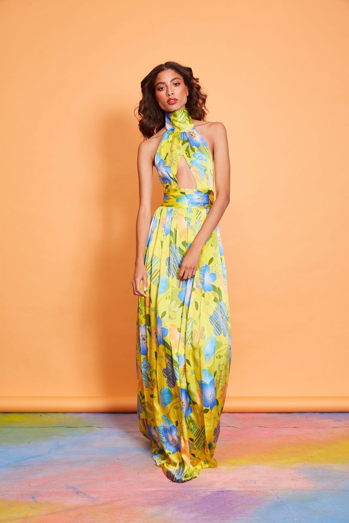 Lavanya Coodly Women - Apparel - Dresses - Cocktail XS / Multi Lavanya Coodly Women's Silk Maxi Floral Carmi Dress in Daffodil with Crisscross Bodice & High Neckline