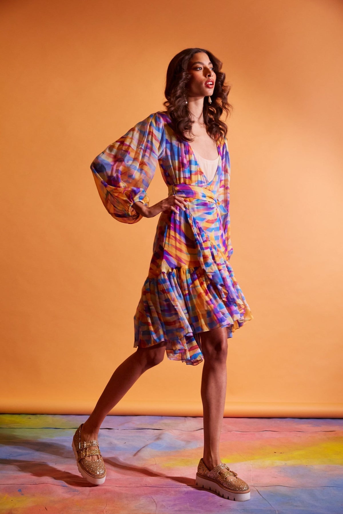 Lavanya Coodly Women - Apparel - Dresses - Day to Night Lavanya Coodly Women's Harper Silk Wrap Midi Dress in Kaleidoscope Print
