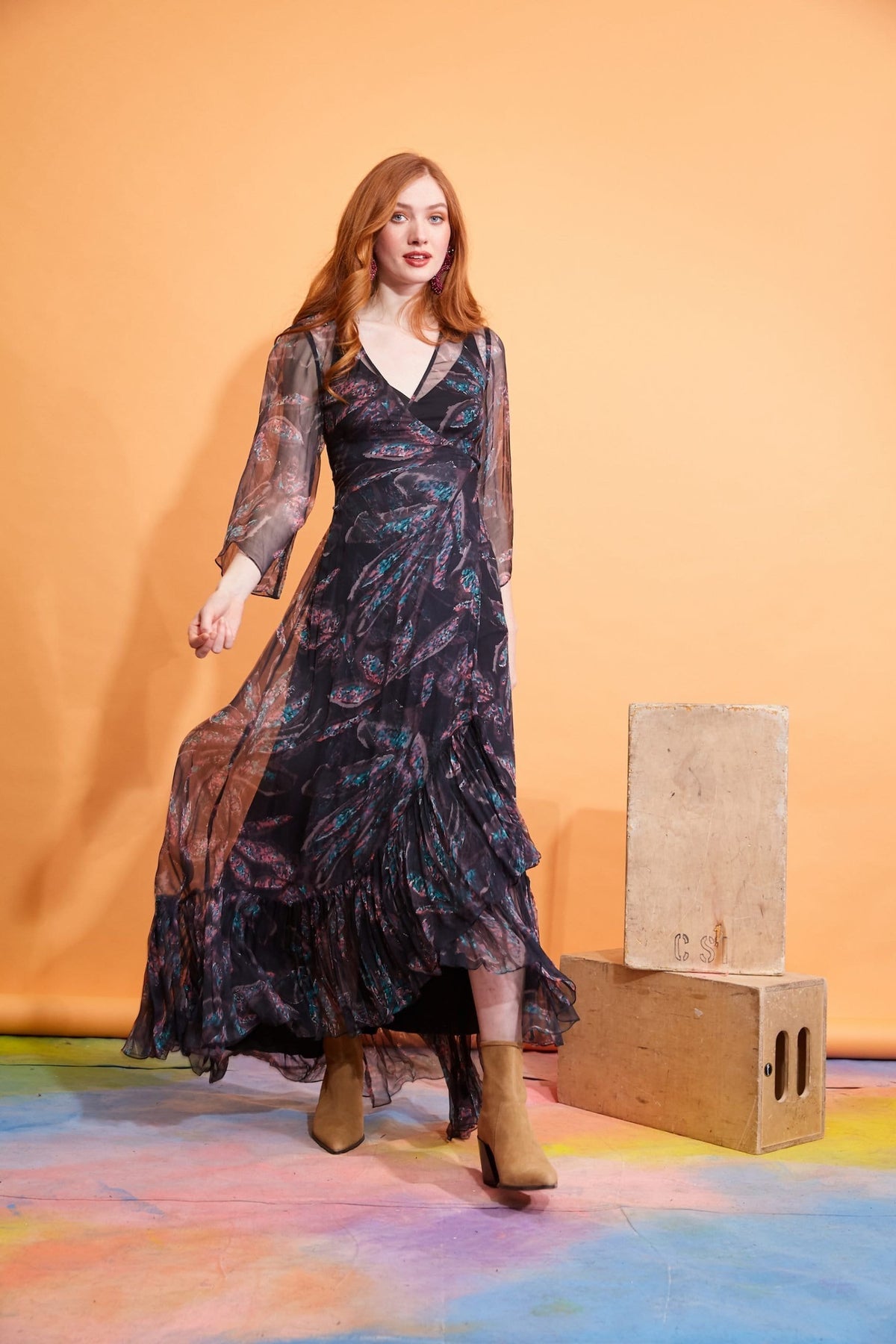 Lavanya Coodly Women - Apparel - Dresses - Maxi XS / Navy/Multi Lavanya Coodly Agatha Silk Chiffon Wrap Dress with High-Low Hemline