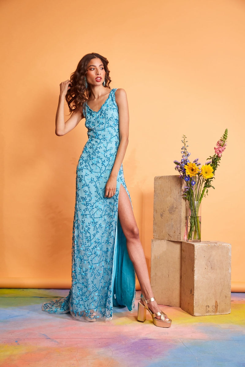Lavanya Coodly Women's Fashion - Weddings & Events - Cocktail Dresses Lavanya Coodly Louisa Hand-Beaded Blue Tulle A-Line Floor Length Dress with Side Slit