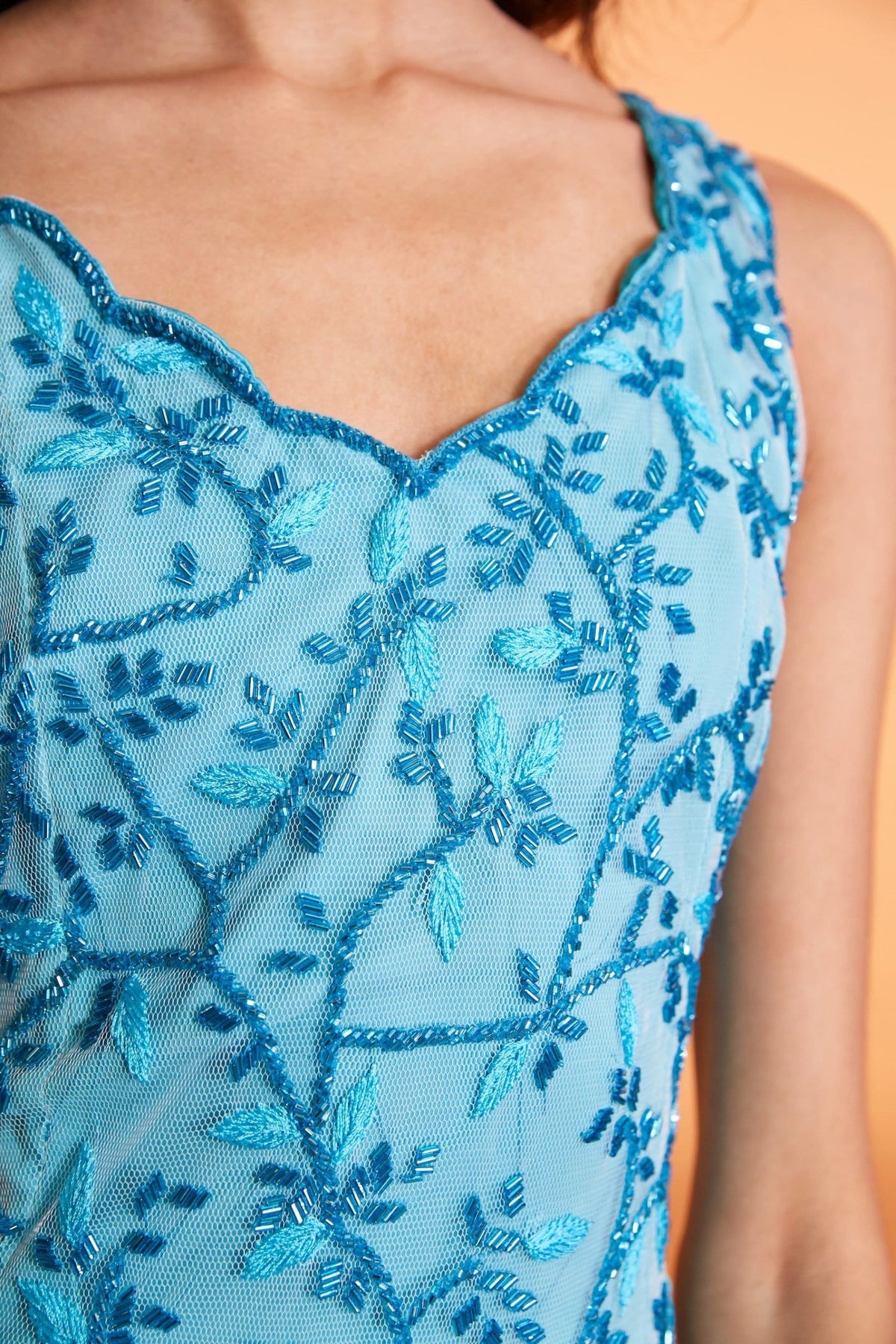 Lavanya Coodly Women's Fashion - Weddings & Events - Cocktail Dresses Lavanya Coodly Louisa Hand-Beaded Blue Tulle A-Line Floor Length Dress with Side Slit