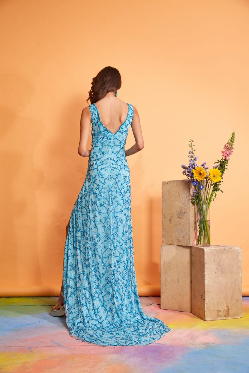 Lavanya Coodly Women's Fashion - Weddings & Events - Cocktail Dresses Lavanya Coodly Louisa Hand-Beaded Blue Tulle A-Line Floor Length Dress with Side Slit