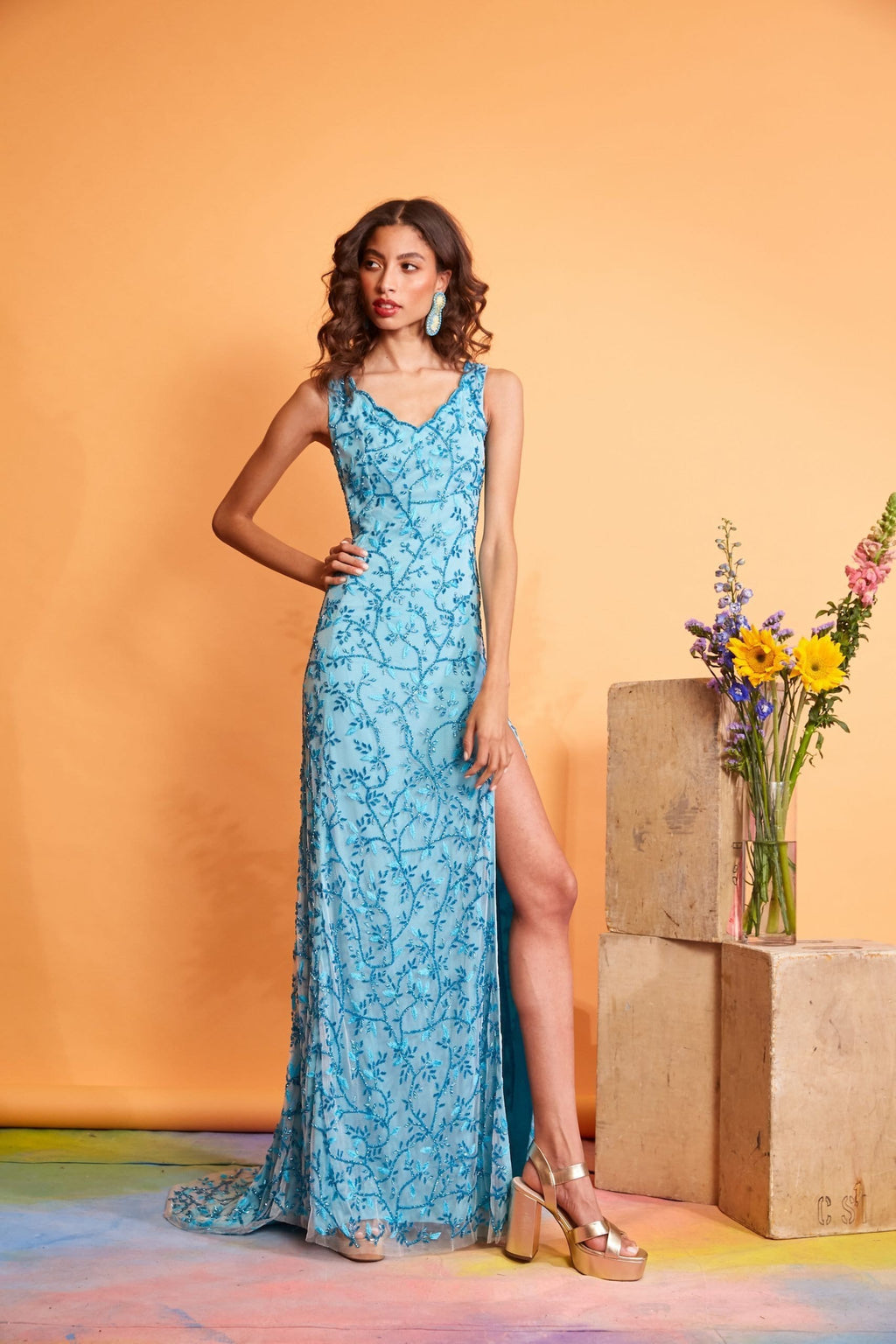 Lavanya Coodly Women's Fashion - Weddings & Events - Cocktail Dresses XS / Blue Lavanya Coodly Louisa Hand-Beaded Blue Tulle A-Line Floor Length Dress with Side Slit