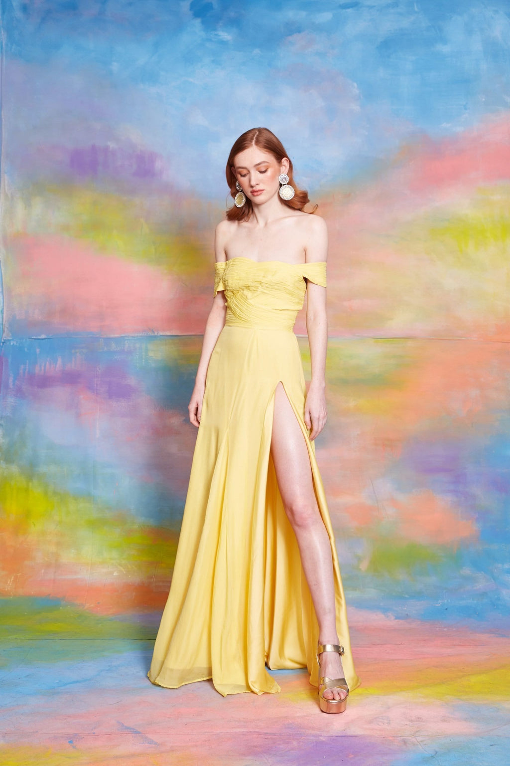 Lavanya Coodly Women's Fashion - Weddings & Events - Cocktail Dresses XS / Daffodil Lavanya Coodly Women's Francesca Off The Shoulder Floor Length Dress with High Slit in Daffodil