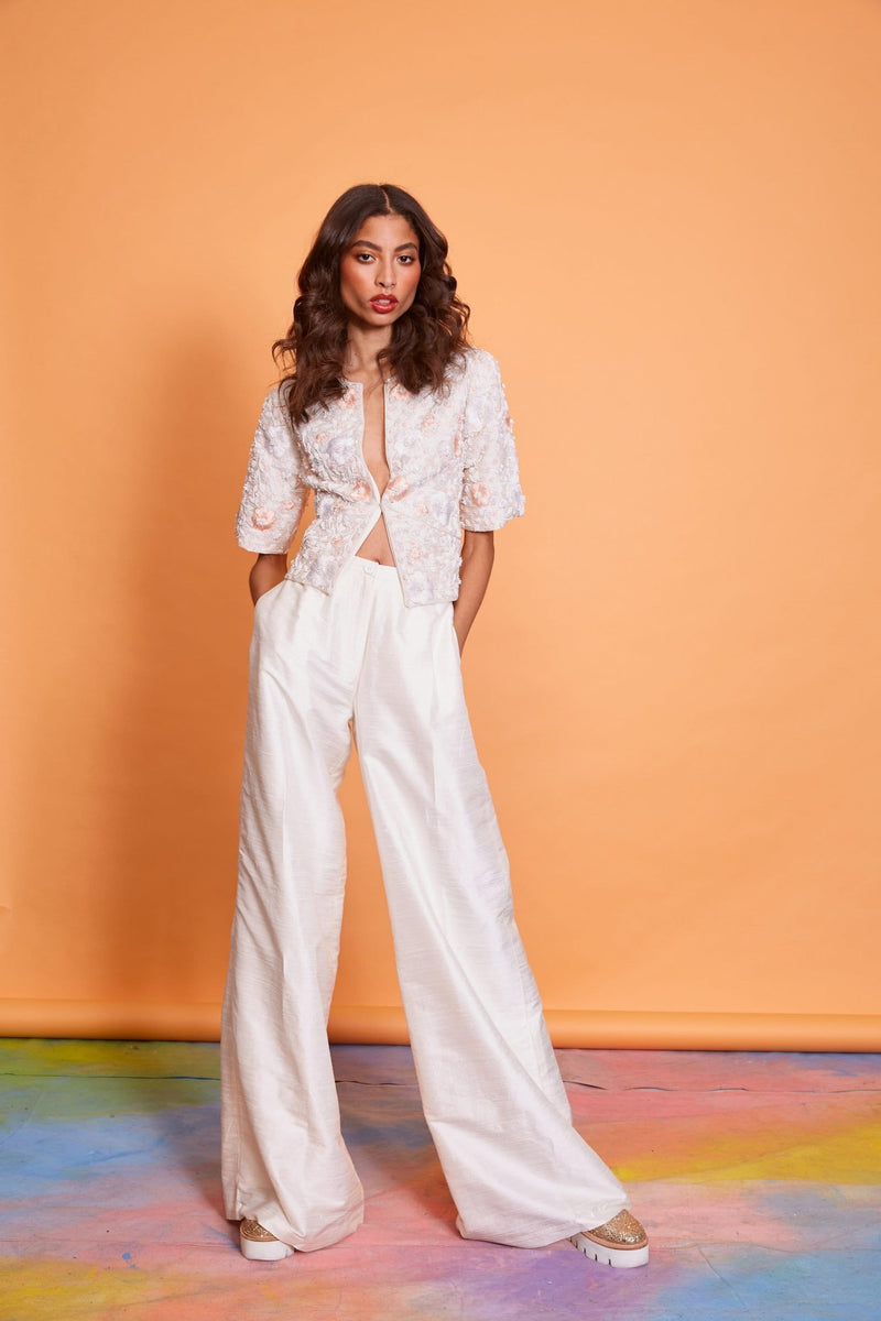 Lavanya Coodly Women's Fashion - Women's Clothing - Bottoms Lavanya Coodly Women's Antique White 100% Silk Stephanie Wide Leg Pants