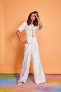 Lavanya Coodly Women's Fashion - Women's Clothing - Bottoms XS / White Lavanya Coodly Women's Antique White 100% Silk Stephanie Wide Leg Pants