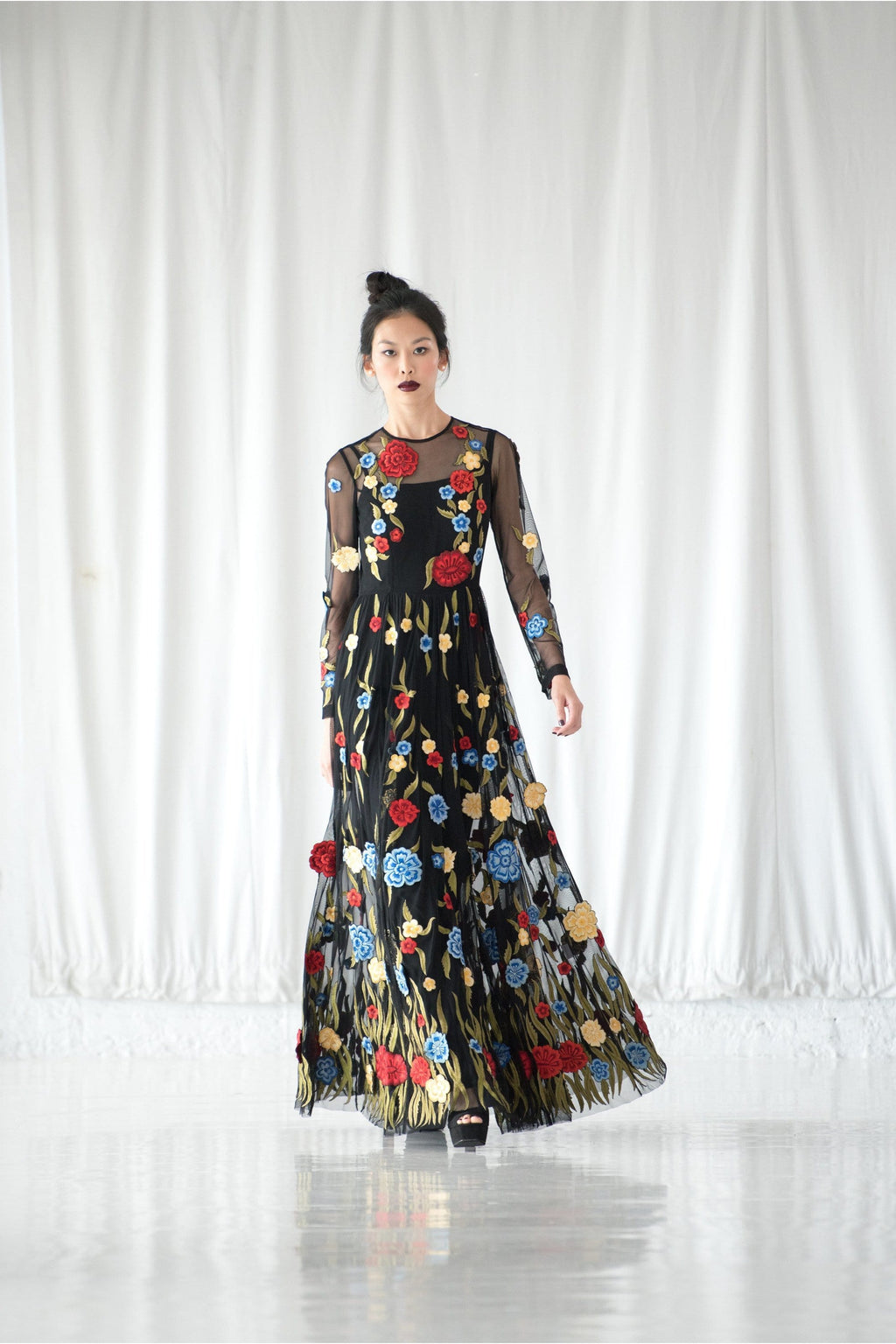 Lavanya Coodly XS / Black Lavanya Coodly Floral Appliqué Sheer Flared Full Length Hand-Embroidered Gown in Black