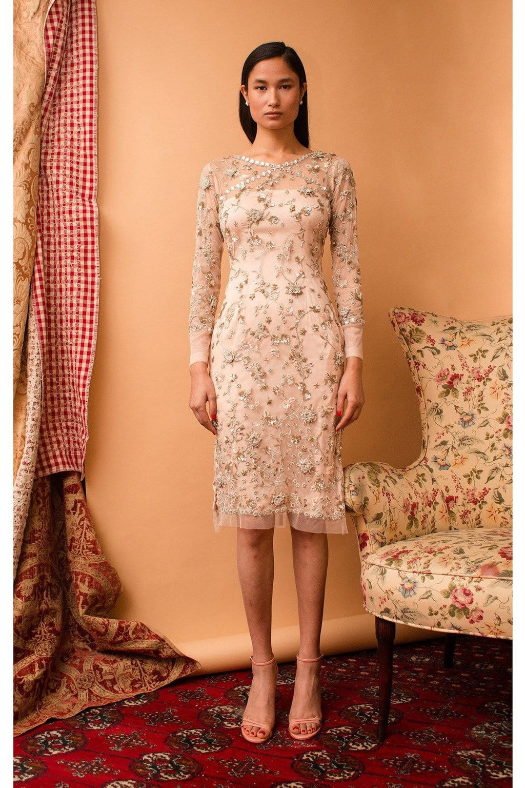 Lavanya Coodly XS / Blush Lavanya Coodly Women's Marie Blush Hand-Embroidered Knee-Length Cocktail Dress in 3 Dimensional Motifs