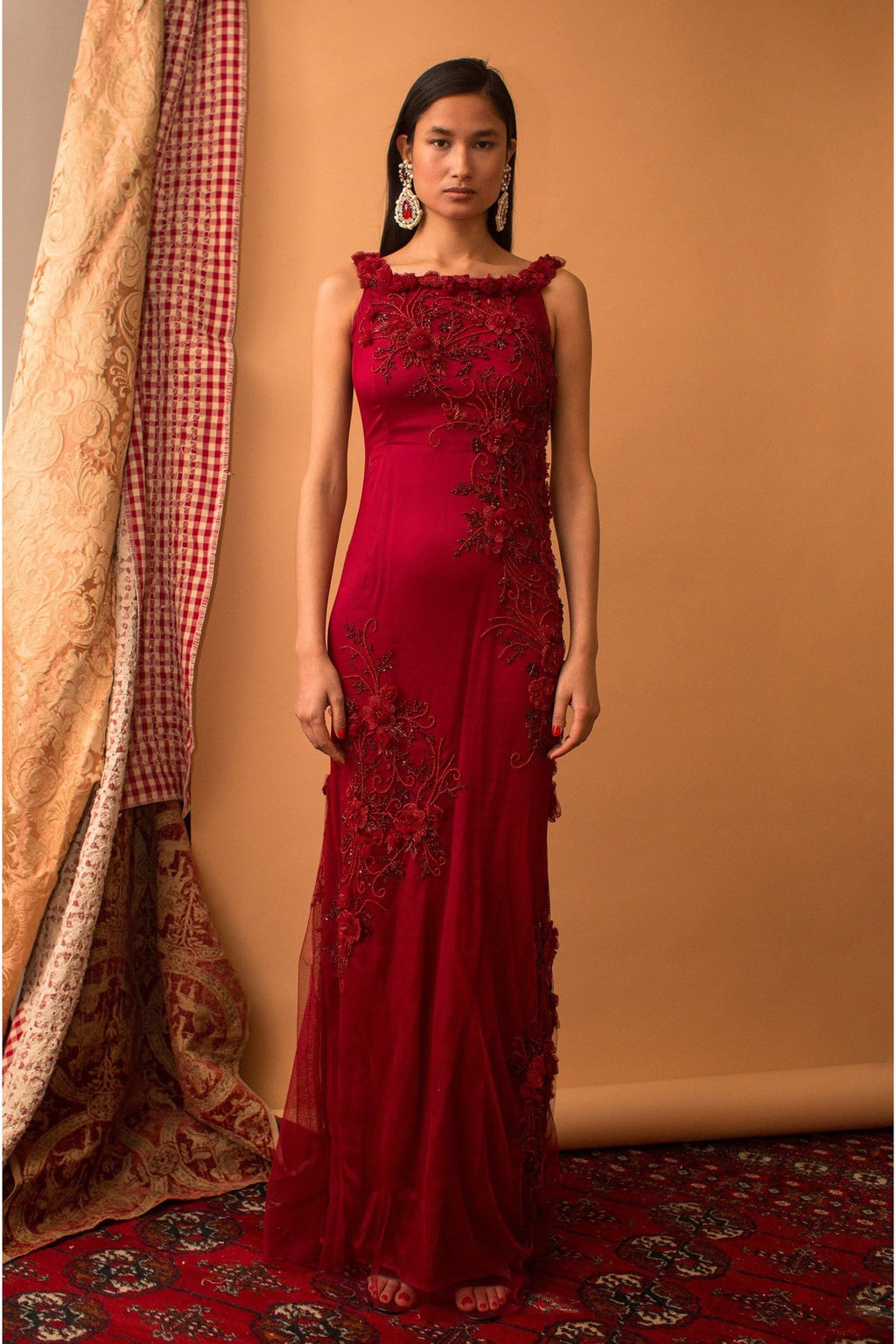Lavanya Coodly XS / Red Lavanya Coodly Red Simone Gown in 3 Dimensional Hand-Embroidered Floral with High Side Slit & Tie Back in Luxurious Satin