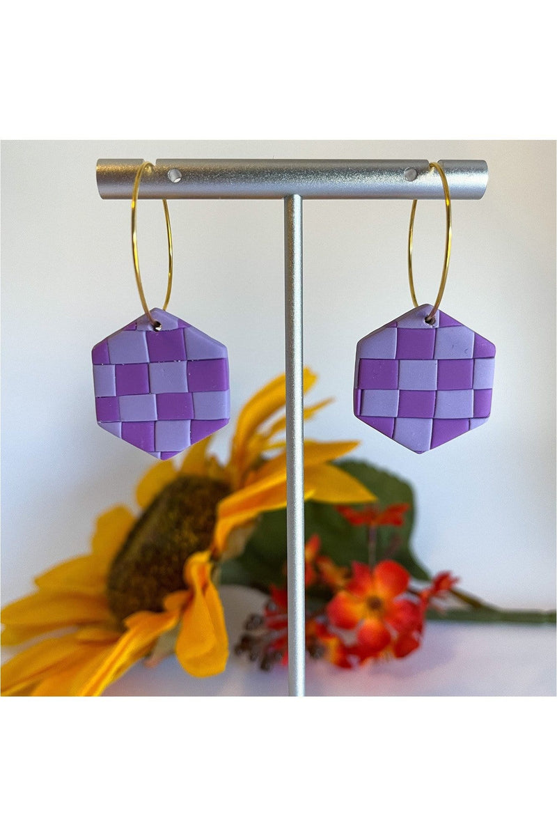 Lilac and Rose Lilac and Rose Purple Checkerboard Gold Hoop Earrings
