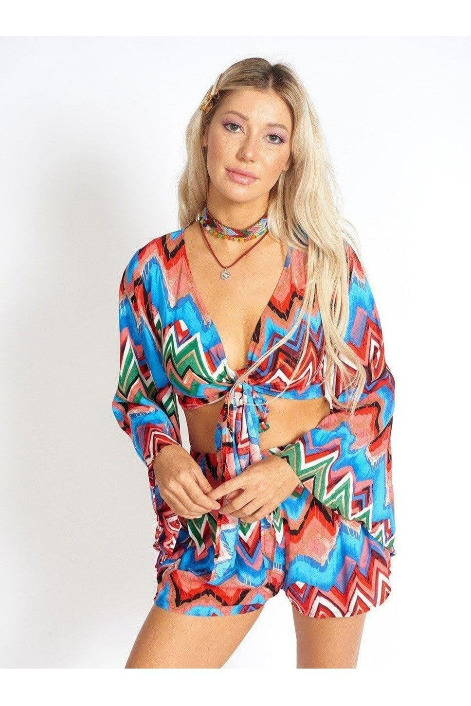 M.USE Apparel & Accessories > Clothing > Shirts & Tops M.USE Rainbow Waves Bohemian Front Tying Crop Top