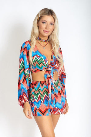 M.USE Apparel & Accessories > Clothing > Shirts & Tops M.USE Rainbow Waves Bohemian Front Tying Crop Top
