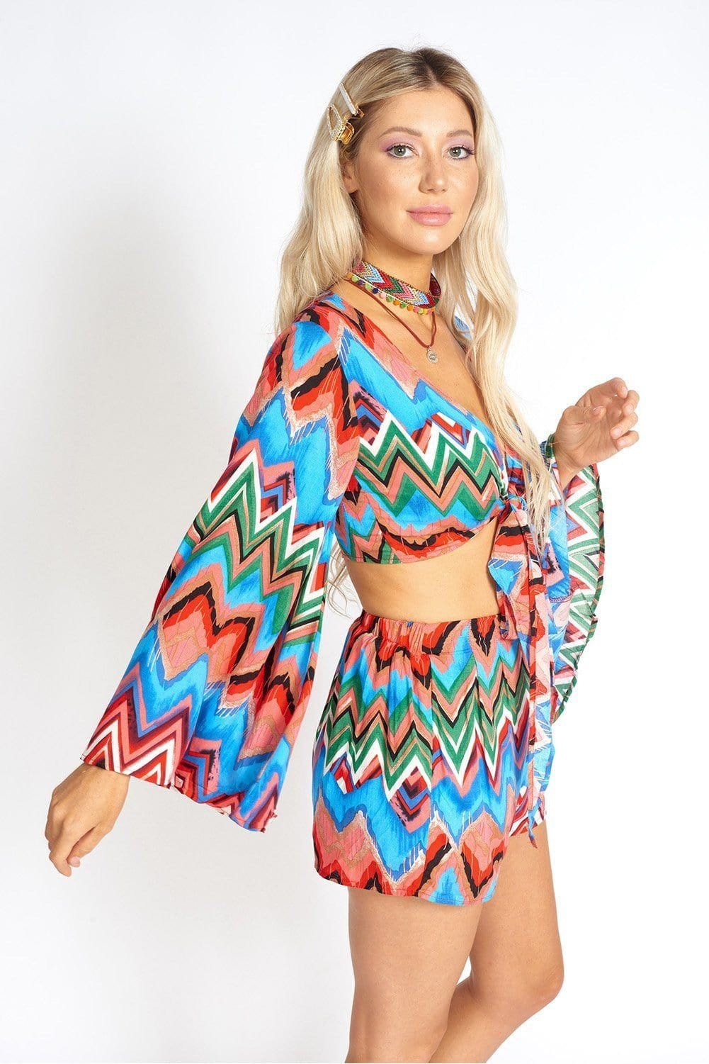 M.USE Apparel & Accessories > Clothing > Shirts & Tops M.USE Rainbow Waves Bohemian Front Tying Crop Top