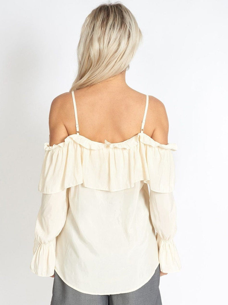 M.USE Women's Blouse One Size / Beige and Cream M.USE Venice Frill Off Shoulder Strap Chiffon Blouse