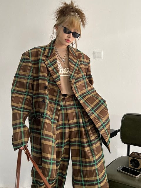 marigoldshadows Women's Blazer S / Brown/Yellow/Green Teruma Oversized Plaid Coat