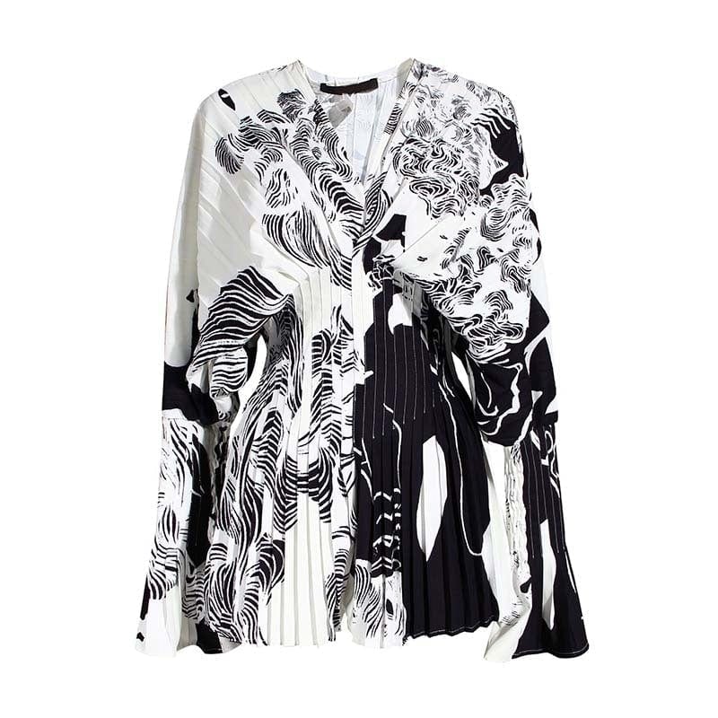 marigoldshadows Women's Blouse S / Black and White Sakiya Pleated Long Sleeve Shirt