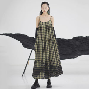 marigoldshadows Women's Dress S / Army Green/Black Sango Loose Plaid Spaghetti Strap Dress