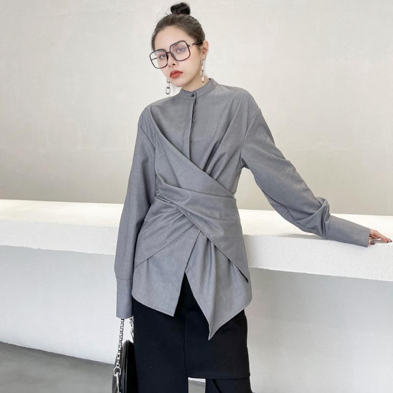 marigoldshadows Women's Fashion - Women's Clothing - Blouses & Shirts Kume Loose Stand Collar Long Sleeve Shirt - Gray