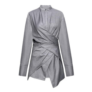 marigoldshadows Women's Fashion - Women's Clothing - Blouses & Shirts Kume Loose Stand Collar Long Sleeve Shirt - Gray