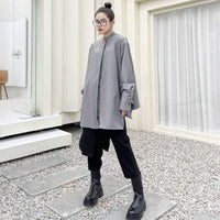 marigoldshadows Women's Fashion - Women's Clothing - Blouses & Shirts M / Grey Kume Loose Stand Collar Long Sleeve Shirt - Gray