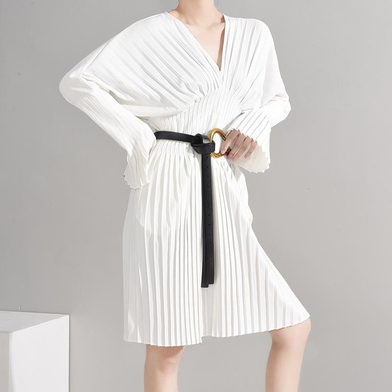 Marigoldshadows Women's Fashion - Women's Clothing - Dress - Long-Sleeve Dress Sakiya Pleated Long Sleeve Shirt Dress - White | Marigoldshadows