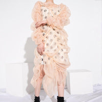 Marigoldshadows Women's Fashion - Women's Clothing - Dress - Sleeveless Dress Kosuke Polka Dot Irregular Mesh Dress in Peach | Marigoldshadows