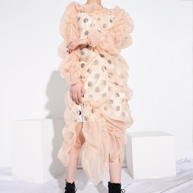 Marigoldshadows Women's Fashion - Women's Clothing - Dress - Sleeveless Dress S Kosuke Polka Dot Irregular Mesh Dress in Peach | Marigoldshadows