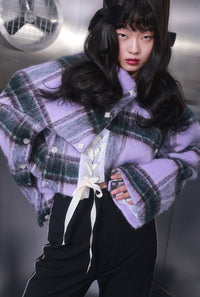 Marigoldshadows Women's Fashion - Women's Clothing - Jackets & Coats - Jackets Iva Plaid Long Sleeve Irregular Crop Jacket | Marigoldshadows