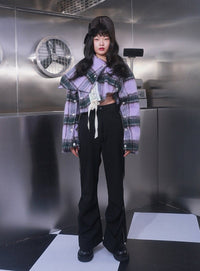 Marigoldshadows Women's Fashion - Women's Clothing - Jackets & Coats - Jackets Iva Plaid Long Sleeve Irregular Crop Jacket | Marigoldshadows