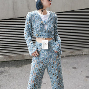 Marigoldshadows Women's Fashion - Women's Clothing - Jeans Kaoru High Waist Destroyed Denim Wide Leg Pants | Marigoldshadows