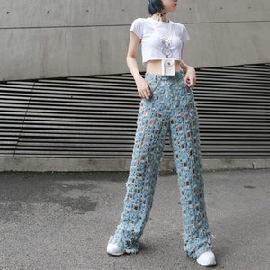 Marigoldshadows Women's Fashion - Women's Clothing - Jeans S Kaoru High Waist Destroyed Denim Wide Leg Pants | Marigoldshadows