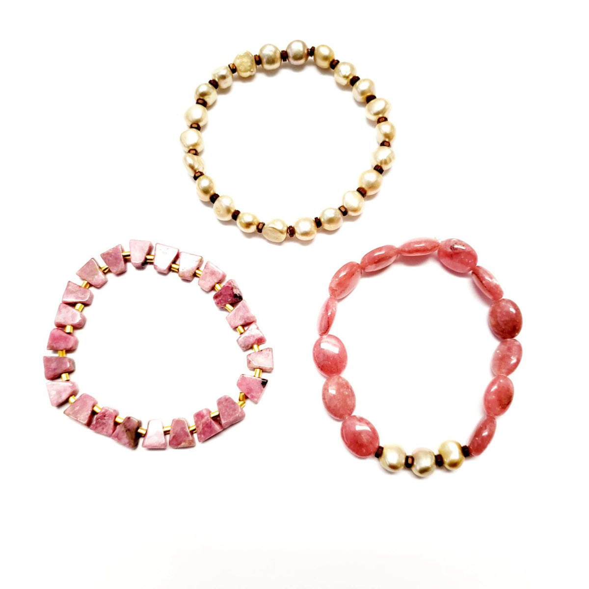 MINU Jewels Bracelets MINU Jewels Bambas Bracelets - Set of 3 in Rhondonite & Pearls with Gold Accents