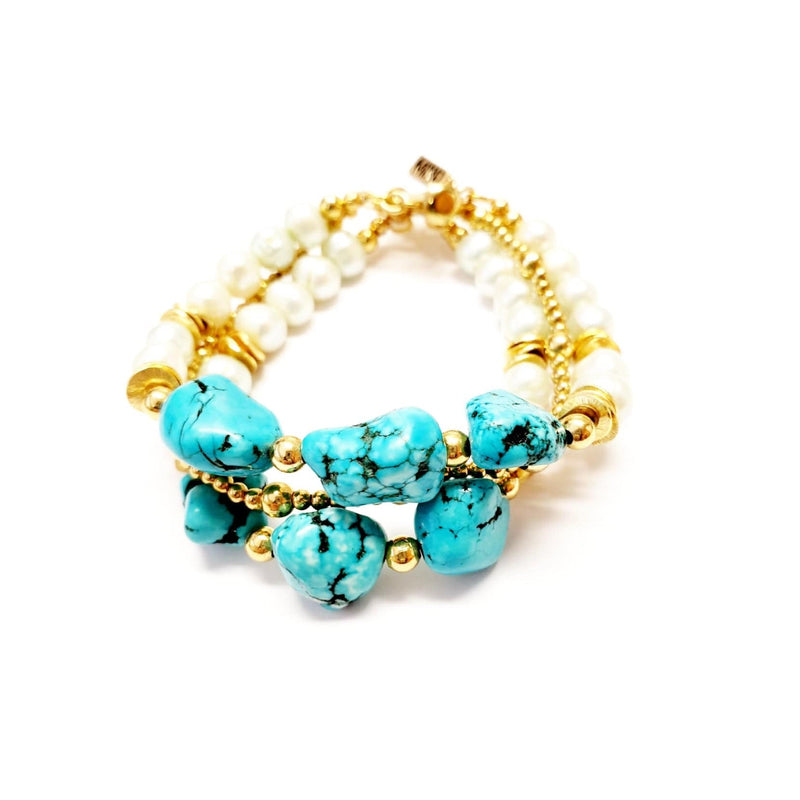 MINU Jewels Bracelets MINU Jewels Turquesa Perla Bracelet in White Pearls with Chunky Turquoise Nuggets & Gold Plated Accents