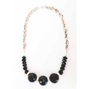 MINU Jewels Necklace Jela 16-18" Silver Necklace with Large Faceted Black Agate & Onyx with Silver Accents | MINU
