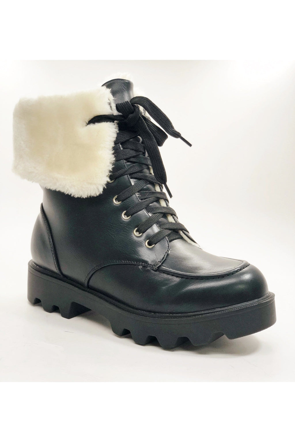 N.Y.L.A. SHOES 6 / BLACK N.Y.L.A. Shoes Wully Lace Up Combat Boots with Faux Fur Collar in Black