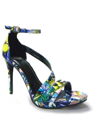 N.Y.L.A. SHOES 6 / BLU-MFLY N.Y.L.A. Shoes Sanviole Women's Heeled Sandal with Wrap Around Ankle Strap in Red Geo, White Tie Dye, or Blue Print