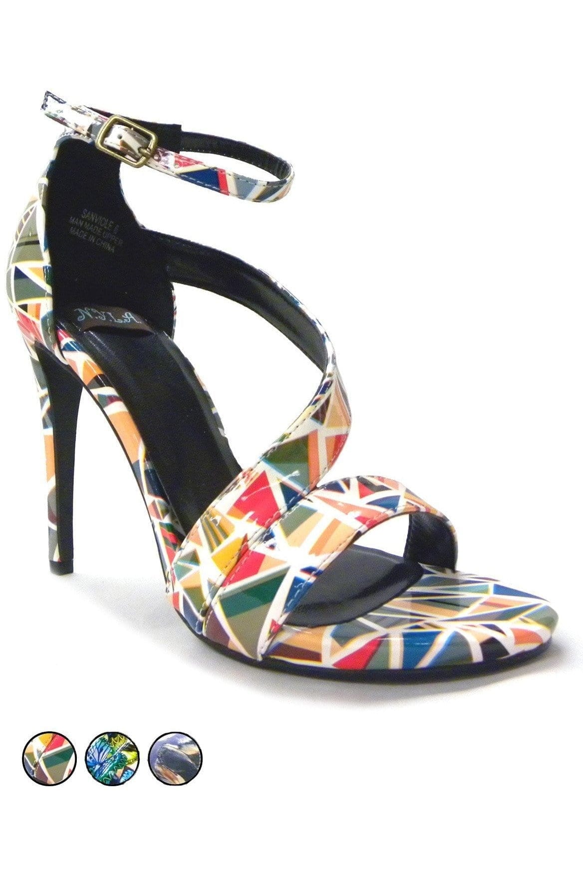 N.Y.L.A. SHOES 6 / RED GEO N.Y.L.A. Shoes Sanviole Women's Heeled Sandal with Wrap Around Ankle Strap in Red Geo, White Tie Dye, or Blue Print