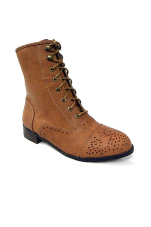 N.Y.L.A. SHOES 6 / Tan N.Y.L.A. Shoes F1601 Women's Flat Lace Up Vegan Leather Combat Boots in Black or Tan