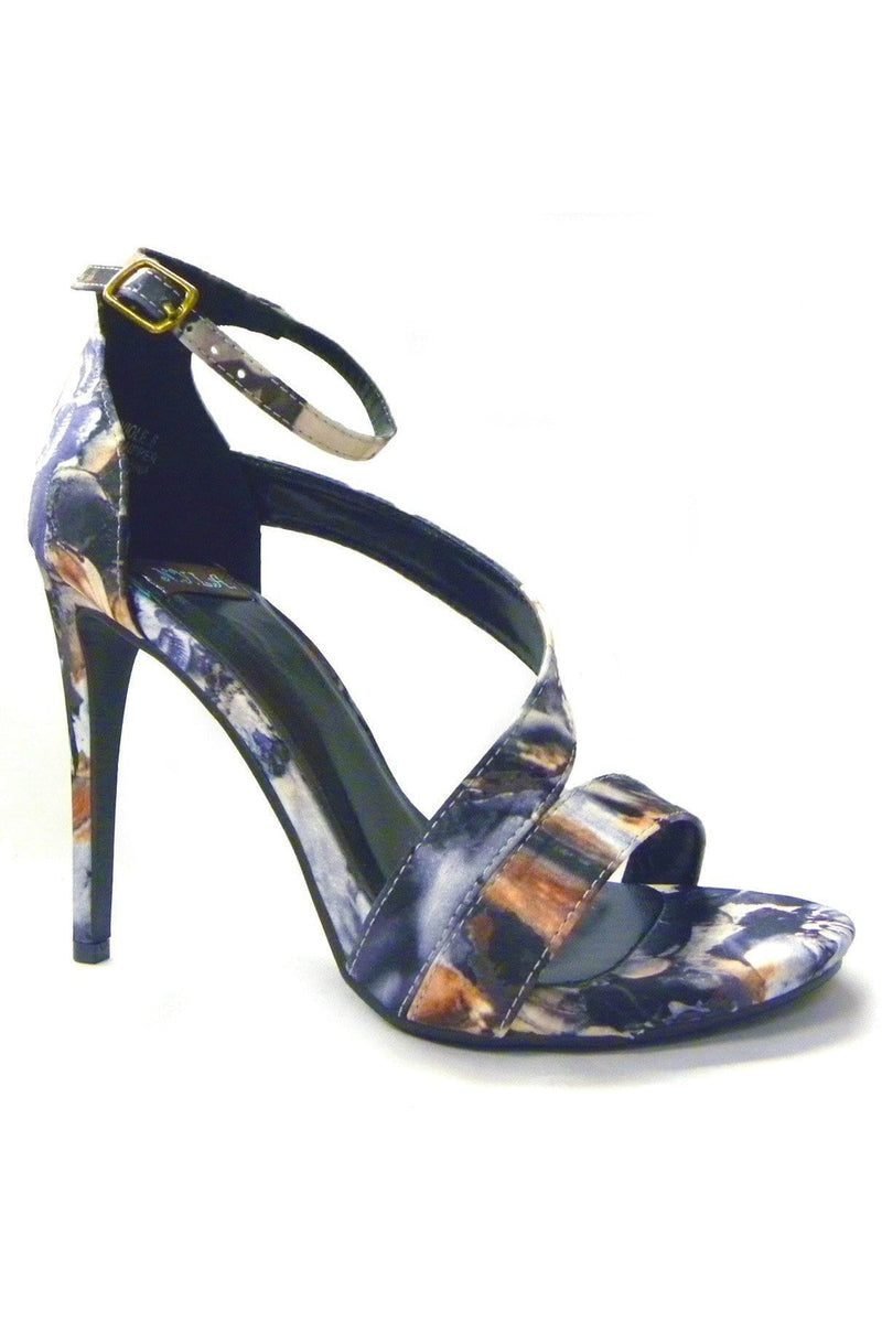 N.Y.L.A. SHOES 6 / WHT-TDYE N.Y.L.A. Shoes Sanviole Women's Heeled Sandal with Wrap Around Ankle Strap in Red Geo, White Tie Dye, or Blue Print